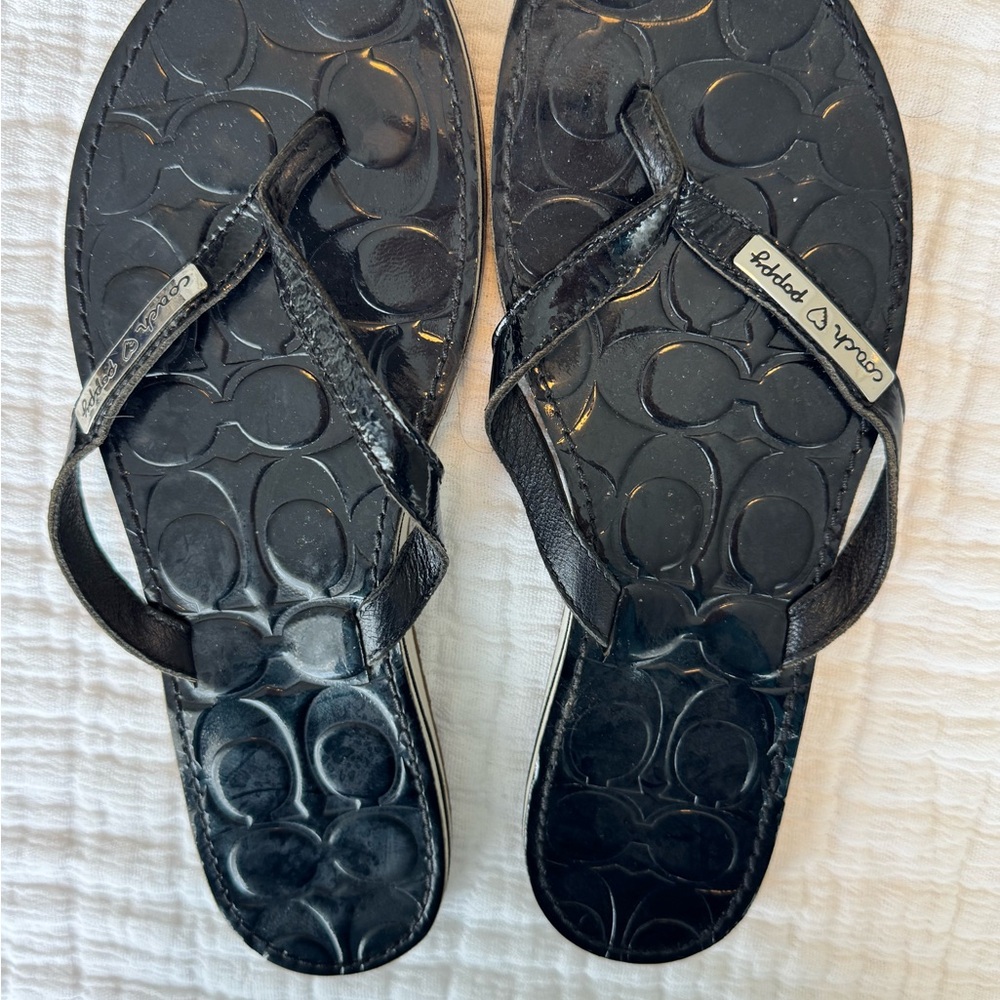 Coach Black Poppy Sandals with Textured Footbed